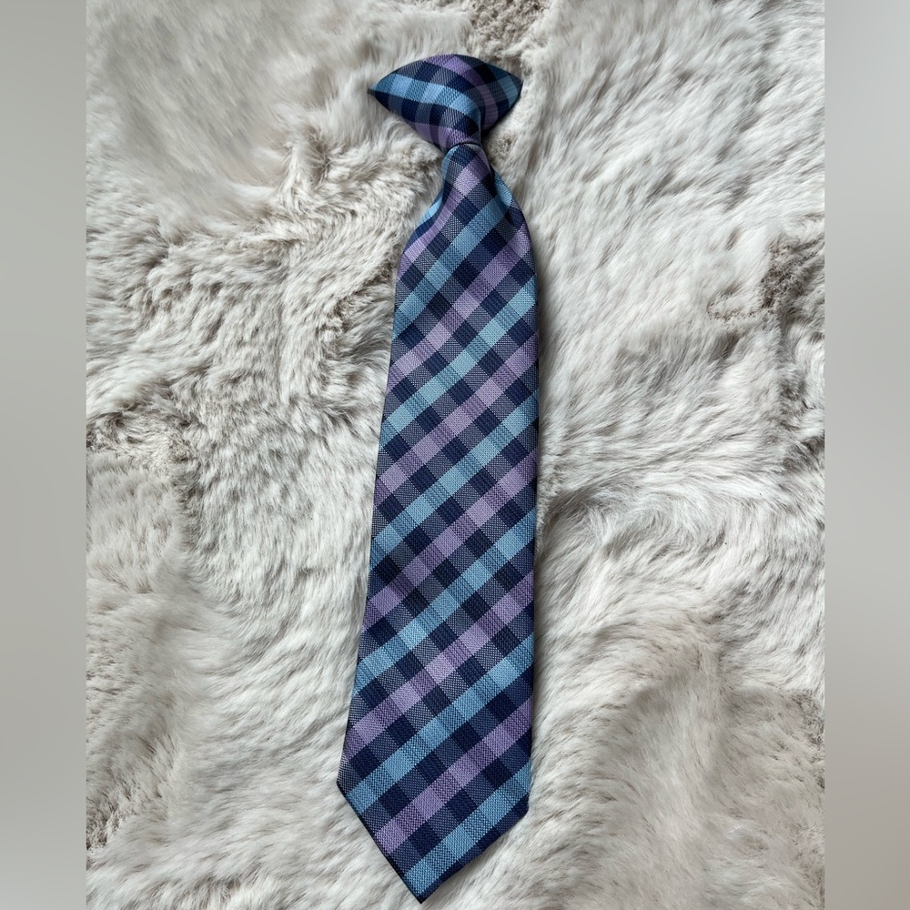 Young boy clip on tie.  Purple and blue plaid.